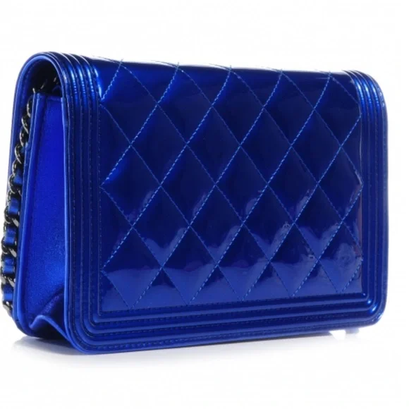 CHANEL Metallic Patent Quilted Boy Wallet On Chain WOC Blue - Picture 3 of 7